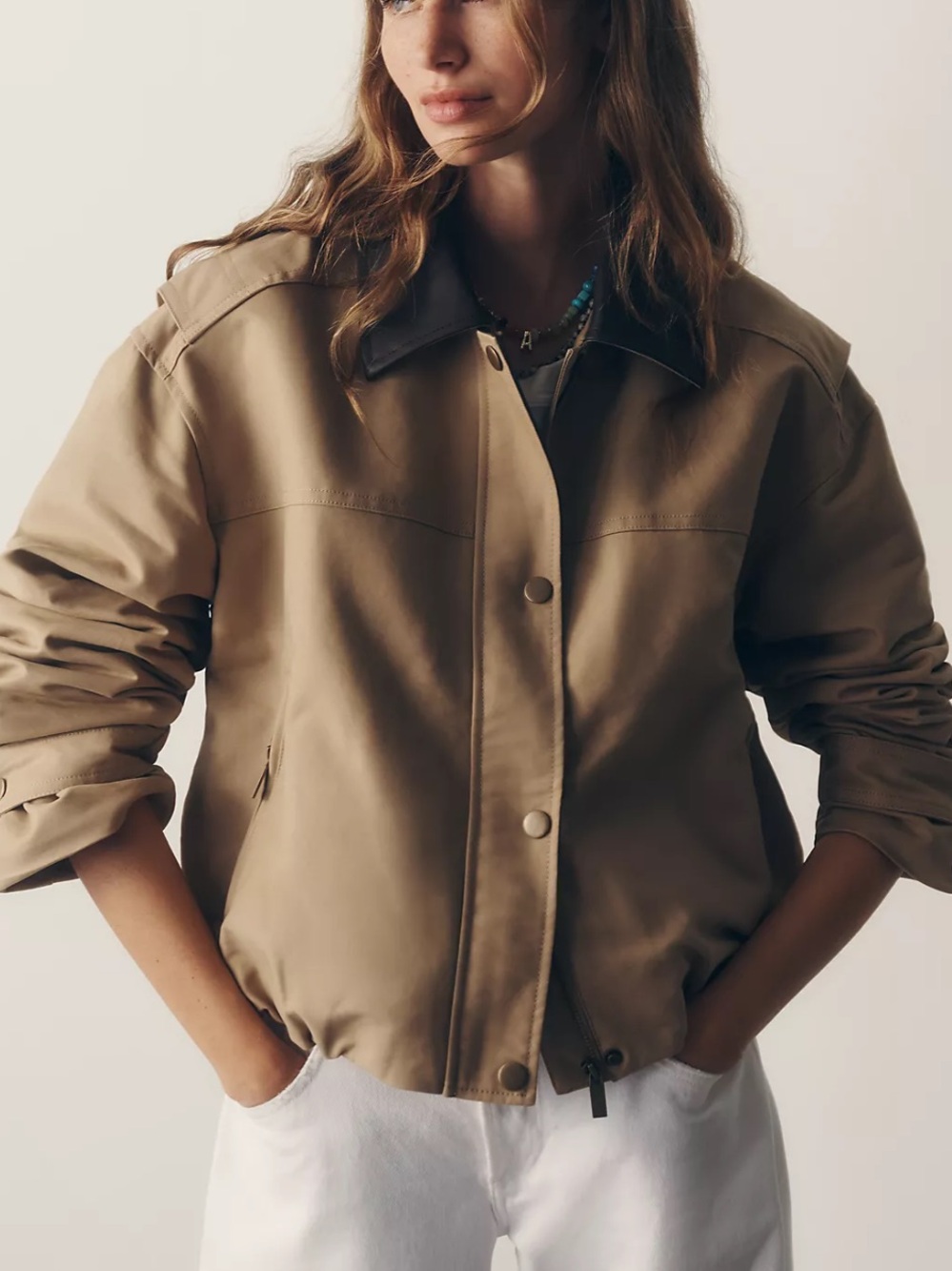 Pilcro Taupe Utility Cropped Jacket with Dark Collar